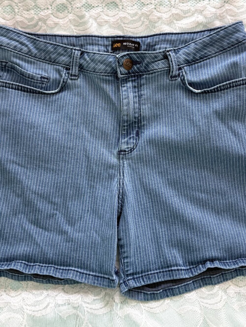Lee Women's Navy Striped Jean Shorts 14 Medium